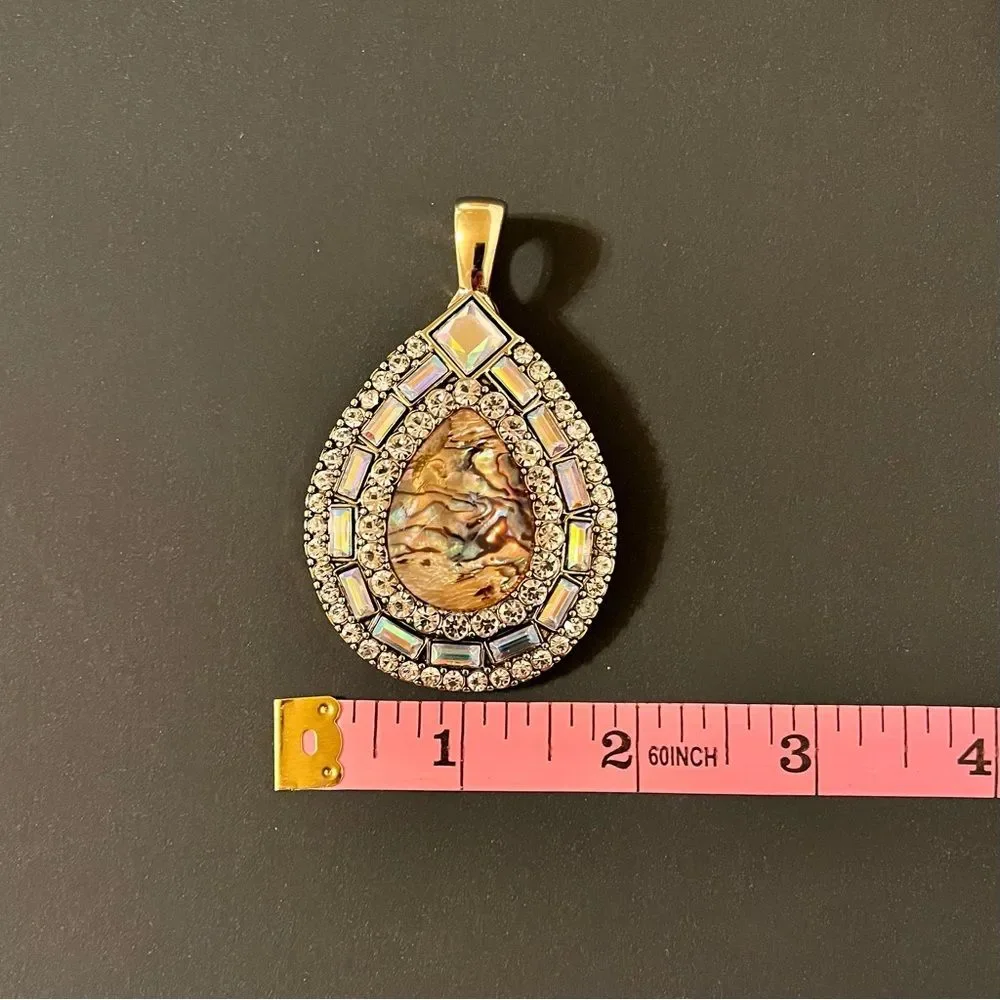 Premier Designs Mesmerized Pendant Baguette Rhinestone Abalone Shell Gold Tone